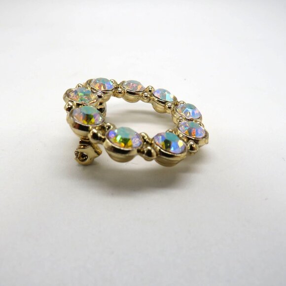 Vintage Brooch Aurora Borealis Crystal Circle Brooch Gold Tone Pin - Picture 8 of 13